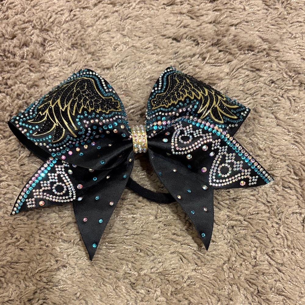 Top Gun Angels Black Rhinestone Bow with Gold and Multicolor Accents